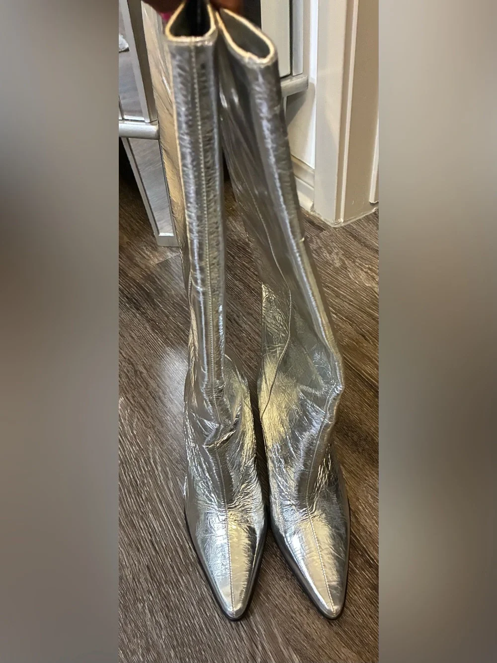 Gently Worn Zara Silver Pointed-Toe Women's Boots. SZ 36